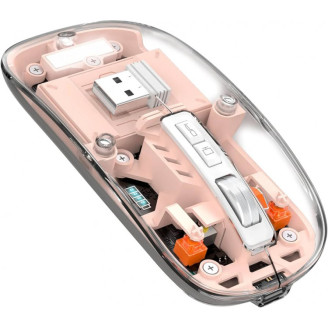 Mouse Nou M133, 2400dpi, 5 Butoane, Indicator Nivel Baterie, Transparent, Roz, Wireless + Bluetooth